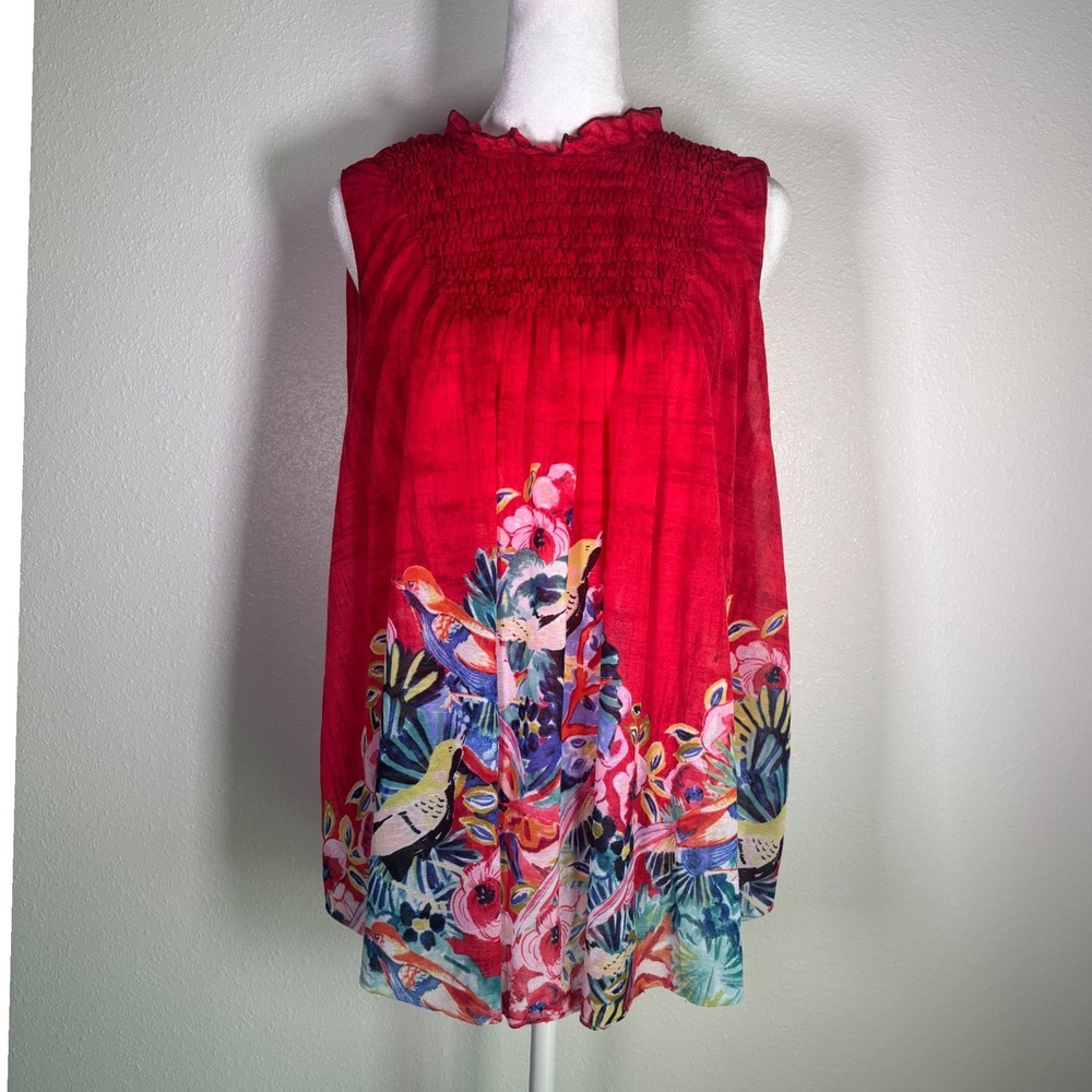 Red Tropical Bird Floral Smocked Ruffle Neck Swing Blouse Top M Deletta Anthro